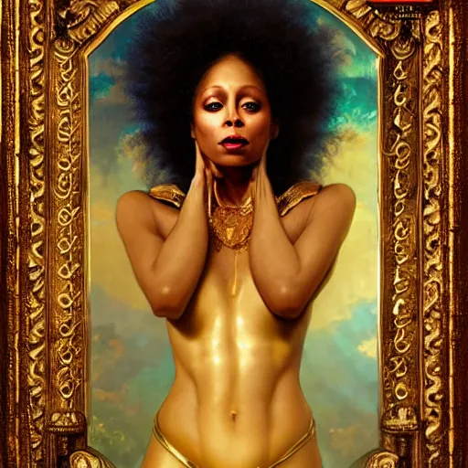 Prompt: Erykah Badu as a golden goddess , A stunning masterpiece, by Stanley Artgerm Lau, greg rutkowski, Thomas kindkade, alphonse mucha, loish, norman Rockwel