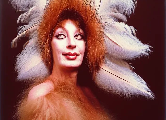 Image similar to realistic photo portrait of the woman morphing into a bird, morphing into a woman, hairy fur fluffy feathers with sparkles, in the wooden and fancy expensive wooden room interior, neutral colors, 1 9 9 0, life magazine reportage photo