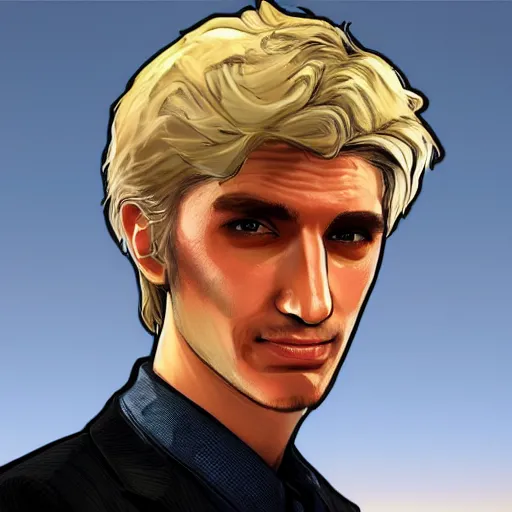 Image similar to closeup of handsome gigachad XQC as a GTA character in a loading screen