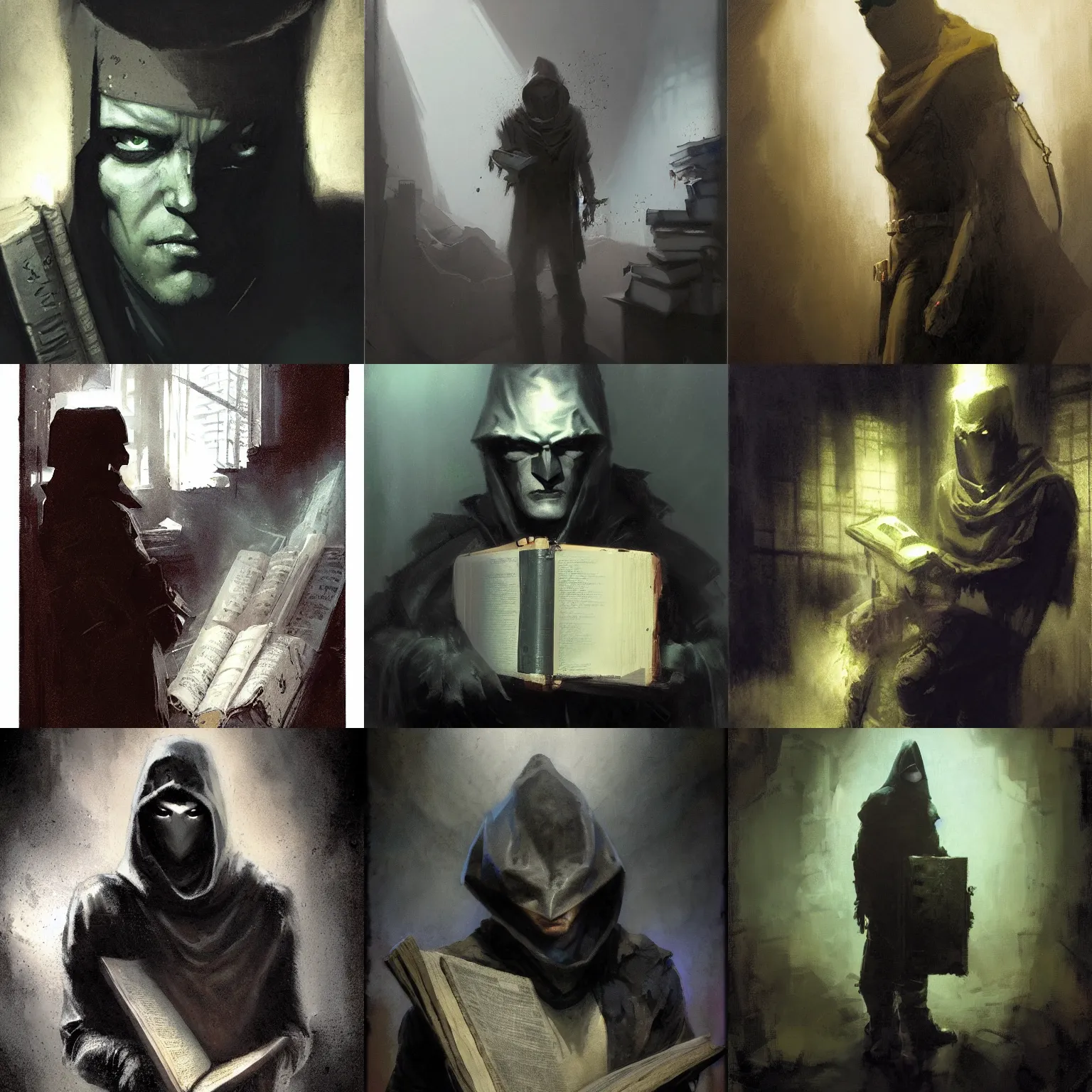 Prompt: portrait of destiny from sandman, man wearing a closed cowl, big old book chained to the wrist, by jeremy mann, by craig mullins and mike mignola, by jeff easley, face in the shadows, mysterious atmosphere, high detailed, 8 k