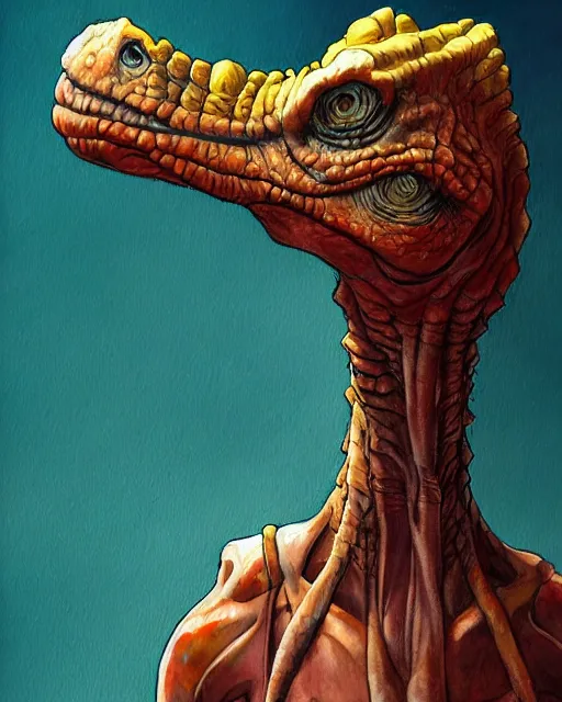 Image similar to a oil / watercolor painting full body character portrait of a humanoid dinosaur civilian in the style of moebius in the style of leonard boyarsky trending on artstation deviantart pinterest detailed photorealistic highlights and shadow hd 8 k post - processing high resolution