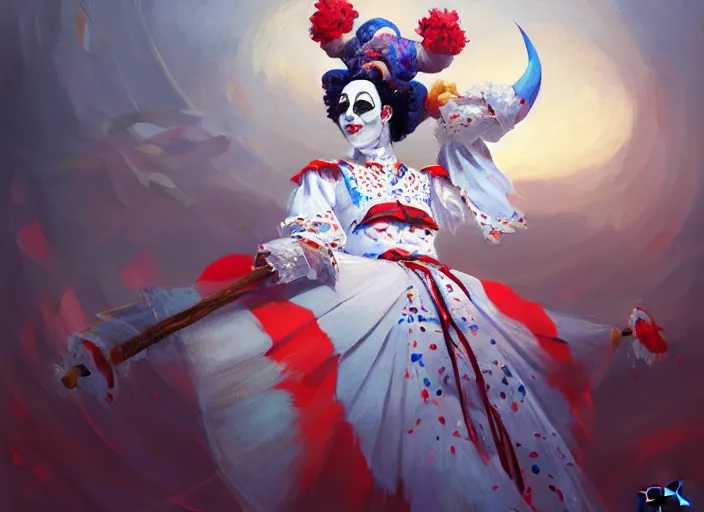 Image similar to award winning digital art of a magnificent pierrot jester wearing a traditional pierrot outfit, performing at a magnificent carnival, beautiful background, trending artstation, digital art, aesthetic, bloom, intricate, elegant, sharp focus, digital illustration, highly detailed, octane render, digital painting, concept art, art by ruan jia and greg rutkowski and sachin teng, masterpiece