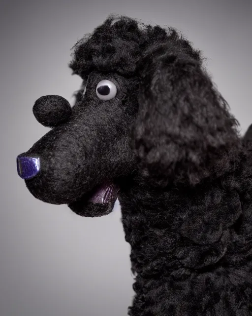 Prompt: a black poodle dog as a muppet. highly detailed felt. hyper real photo. 4 k.