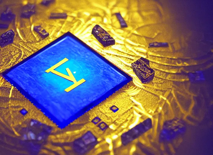 Image similar to flat square magic golden computer chip with runes and a glowing blue crystal in the center, mana flowing around it, product photo, macro, dynamic composition, hyperrealism, octane render, trending on artstation, unreal engine 5, 4 k, 8 k