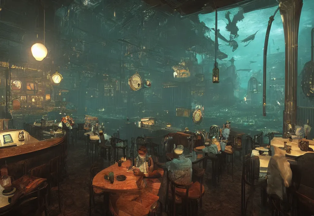 Image similar to In the world of rapture from the world of bioshock you are in a bar, there is a window that lets you see the whole city underwater and you are drinking a rum and coke, there are masks on the tables