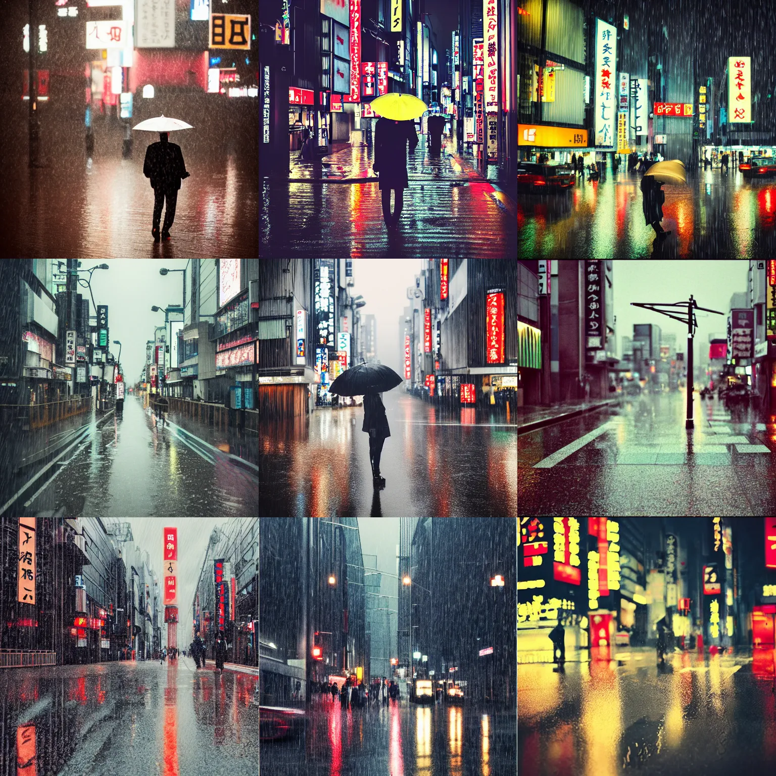 Prompt: tokyo in the rain, 8k award-winning photograph, cinematic, polaroid, natural dull colors