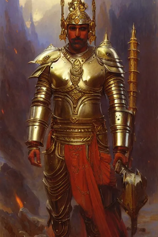 Prompt: male wearing armor, hinduism, painting by gaston bussiere, greg rutkowski, j. c. leyendecker, tom of finland