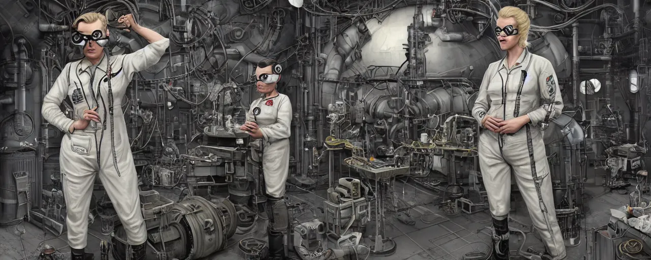 Image similar to illustration 3 / 4 portrait of tattooed stoic heroic emotionless butch blonde woman engineer with short slicked - back hair, wearing dark victorian goggles, working inside reactor room, awkward and uncomfortable and anxious, dirty, dynamic composition by ron cobb. industrial space program, scifi, hyper detailed. octane render. concept art. trending on artstation