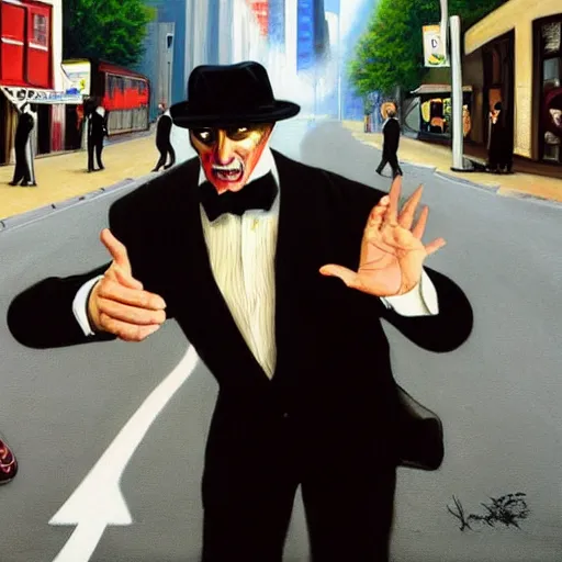 Prompt: a realistic painting of a man in a tuxedo confronting a demon in a busy city street by Jason Edmiston,