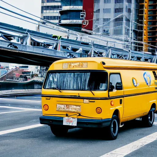 Prompt: photo of a yellow Hijet van drifting through the san francisco bridge. 70mm photography