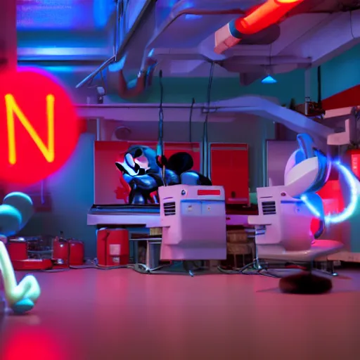 Prompt: render of mechanics operating mickey mouse in facility laboratory, with glowing red netflix logo, low light with only 1 mint and 1 red light, made by beeple, octane render, unreal engine, cinema 4 d, artstation, 4 k highly detailed art