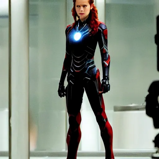 Image similar to A still of Shailene Woodley as Black Widow in Iron Man 2 (2010), close-up