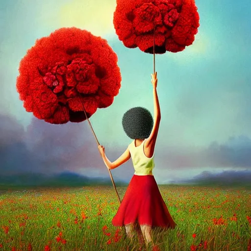 Image similar to giant red carnation afro head, full body, girl walking in the middle of a field with flowers, surreal photography, hills, sunrise dramatic light, impressionist painting, colorful clouds, digital painting, pointillism, artstation, simon stalenhag