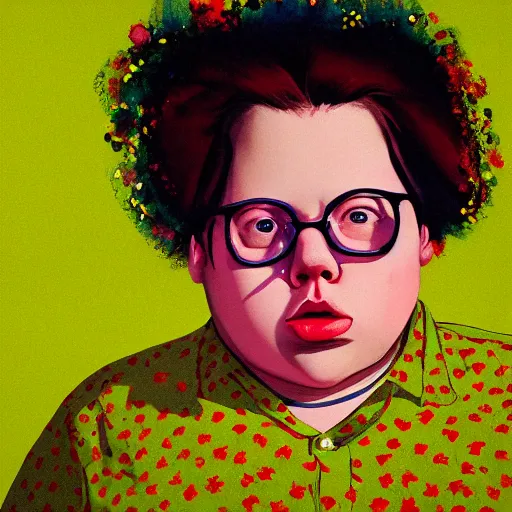 Image similar to colorful and festive cute young plus size todd solondz with tan skin, clear sharp todd solondz face, wearing yellow floral blouse. full body, rich vivid pastel colors, ambient lighting, dynamic lighting, 4 k, atmospheric lighting, painted, intricate, highly detailed by francis bacon and charlie bowater and damien hirst