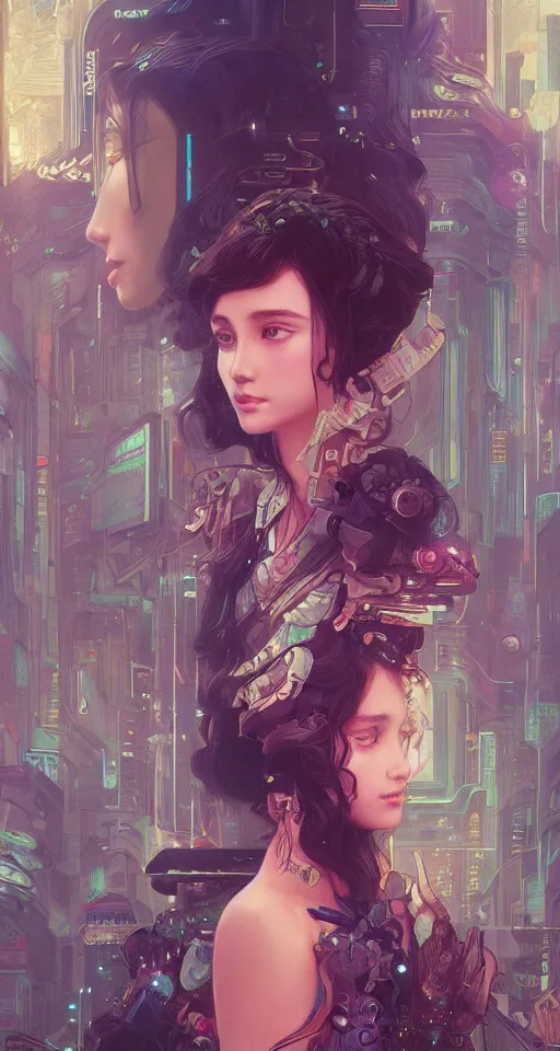 Prompt: beautiful young girl vaporwave aesthetic, synthwave, intricate, elegant, highly detailed, digital painting, in bladerunner city, artstation, concept art, smooth, sharp focus, illustration, art by artgerm and greg rutkowski and alphonse mucha