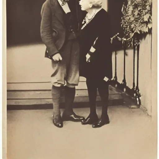 Prompt: Albert Einstein and Queen Elizabeth II kissing, portrait, photo, 1920