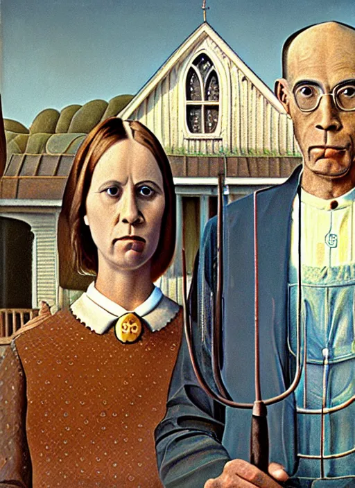 Image similar to a painting by grant wood of an astronaut couple, american gothic style