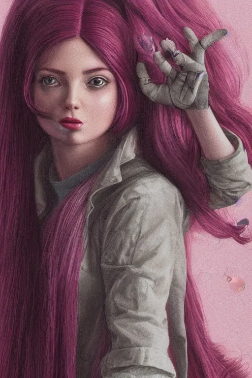 Image similar to highly detailed, industrial photography, profile view of adult princess bubblegum from adventure time, working in her science lab, wearing lab coat, long bubblegum hair, long straight bangs, confident, beautiful, attractive, illustration concept art by nicoletta ceccoli, mark ryden, lostfish, detailed and intricate environment, 8 k resolution, hyperrealistic, octane render