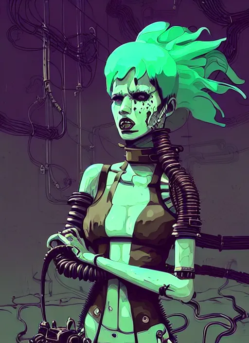 Image similar to highly detailed portrait of an angry wasteland punk long dripping green poison hair tribal android lady, stray wiring by atey ghailan, james gilleard, by joe fenton, by greg rutkowski, by greg tocchini, by kaethe butcher, 4 k resolution, gradient purple, brown black and white color scheme!!! ( ( green flaming robotic sewer background ) )