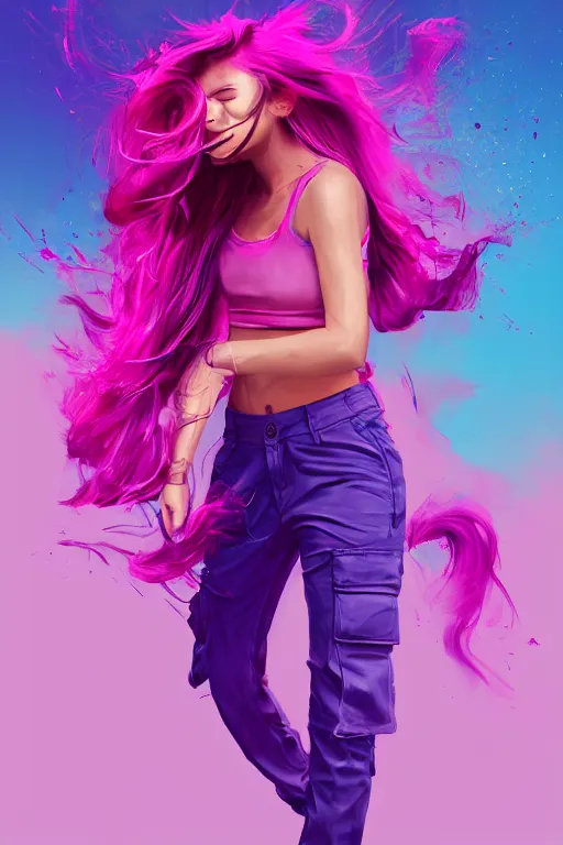 Image similar to a award winning half body porttrait of a beautiful woman in a croptop and cargo pants with ombre purple pink teal hairstyle with head in motion and hair flying, paint splashes, outrun, vaporware, shaded flat illustration, digital art, trending on artstation, highly detailed, fine detail, intricate