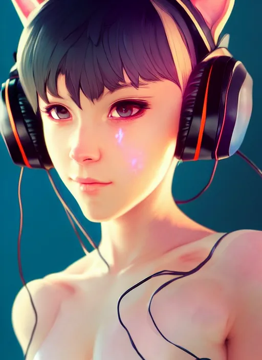 Prompt: a gamer girl wearing a cat ear headphone, looking at the camera, beautiful and aesthetic, close up, dramatic pose, intricate, highly detailed, detailed face, smooth, sharp focus, specular light, occlusion shadow, artgerm, artstation, art by mika pikazo and ilya kuvshinov and rembrandt and greg rutkowski, fantasy illustration