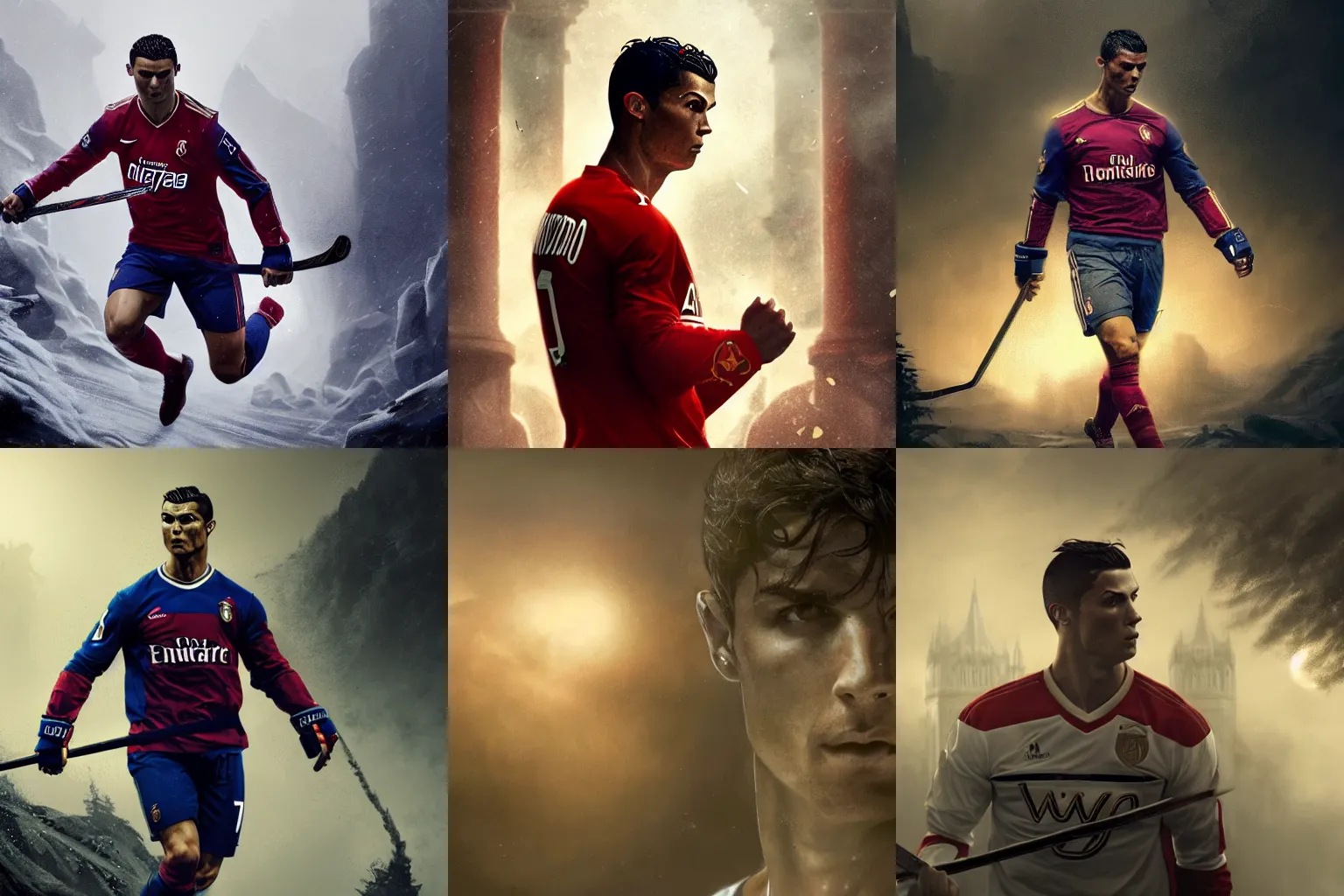 Prompt: Cristiano Ronaldo as Alexander Ovechkin, stunning screensaver, screensaver, head slightly tilted, natural light, elegant, complex, fantasy, atmospheric lighting, cinematic, matte painting, Greg Rutkowski