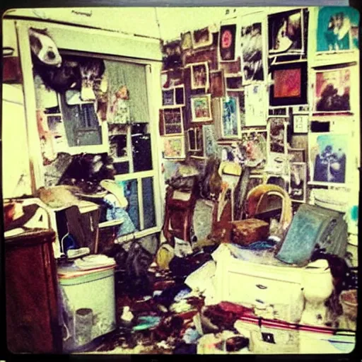 Image similar to messy house in the compulsive hoarder style, polaroid photo, perfect photo, photo pinterest