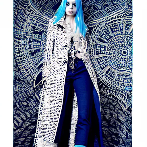 Image similar to fashion 2 0 5 0 fantastic openwork long coat with intricate pattern on a beautiful symmetrical girl with blue hair, hyper realistic photos
