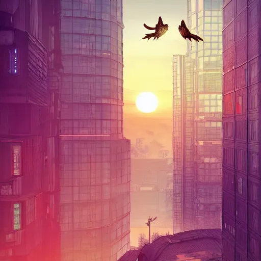 Prompt: an owl watching the sunset from a building, cyberpunk, digital art, artstation trend, HDR