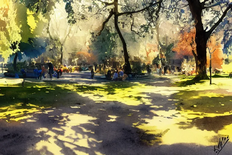 Image similar to small centered on watercolor paper, paint brush strokes, abstract watercolor painting of city park, daylight, shadows, foliage, sunlight, translucent leaves, cinematic light, national romanticism by hans dahl, by jesper ejsing, by anders zorn, by greg rutkowski, by greg manchess, by tyler edlin