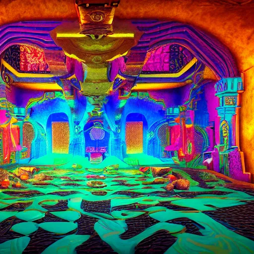 Prompt: dmt realm, cover art, vibrant colors, sharp focus, highly contrasted elements, with intricate egiptian details all around, octane render, unreal engine, 4k quality