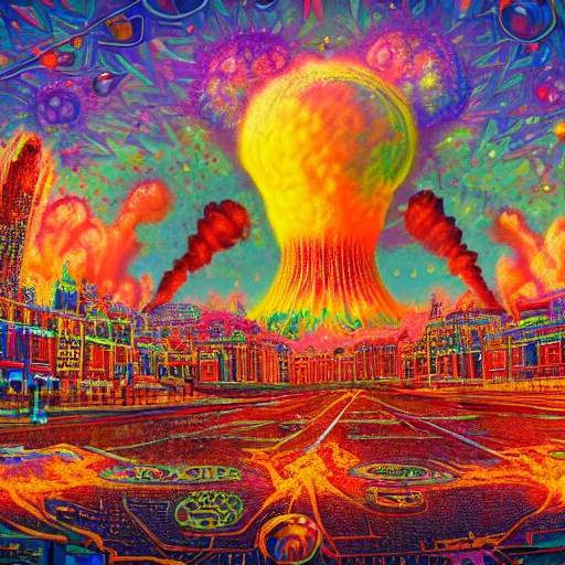 Prompt: a nuclear blast in the center of a city, psychedelic, huge explosion, vibrant colors, massive destruction, extremely detailed digital painting, highly detailed, 1 9 2 0's colored pencil art style, deep aesthetic, 8 k, highly ornate intricate details, cinematic lighting, rich colors, digital artwork, ray tracing, hyperrealistic, photorealistic, cinematic landscape, trending on artstation,