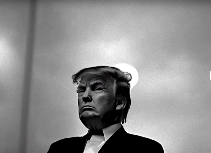 Prompt: screenshot wide shot from moody scene of Donald Trump pensive, in High and Low, 1963 film directed by Akira Kurosawa, kodak film stock, black and white, anamorphic lens, 4K, detailed, stunning cinematography and composition shot by Takao Saito, 70mm