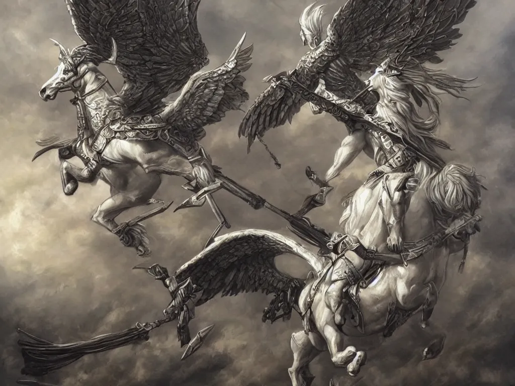 Prompt: valkyrie on white pegasus, epic scene, style of brom, highly detailed