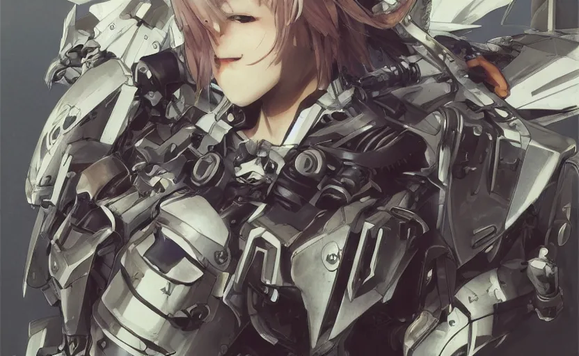 Image similar to mechanized valkyrie, anime style, konami mecha musume, vintage clothing, spread wings, short hair, hair down, symmetrical facial features, from arknights, hyper realistic, 4 k, rule of thirds, extreme detail, detailed drawing, trending artstation, hd, d & d, realistic lighting, by alphonse mucha, greg rutkowski