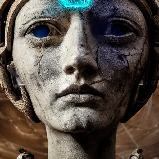 Image similar to the distressed and damaged head of a marble cybernetic lady justice statue wearing a virtual reality headset on ground covered in sand, cyberpunk background, highly detailed, epic lighting, hyper photorealism, 8 k