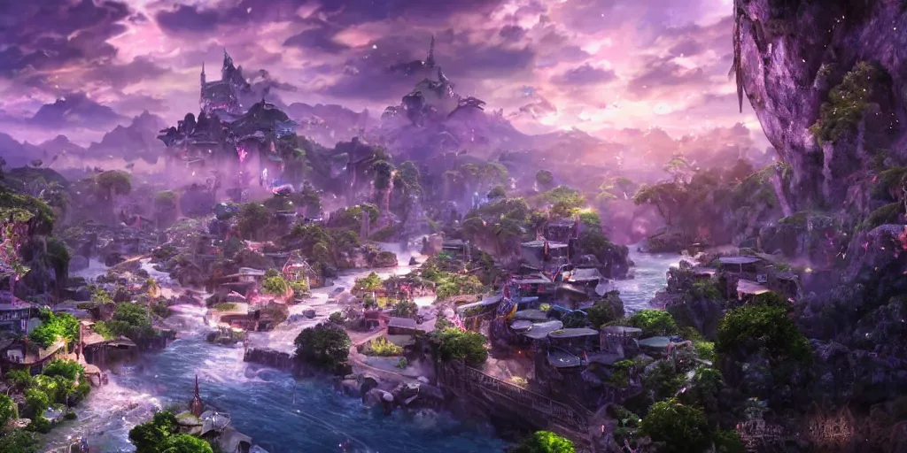 Image similar to beautiful and immersive magical town, magical buildings, bioluminescent forest surrounding, gentle rivers flowing through town, award - winning - anime style - cinematic lighting, dramatic lighting, hdr, 4 k, stunning and beautiful view - unbelievably amazing - highly detailed, hyperrealistic, in the style of kingdom hearts and avatar, 3 d - unreal engine 5, anime visuals