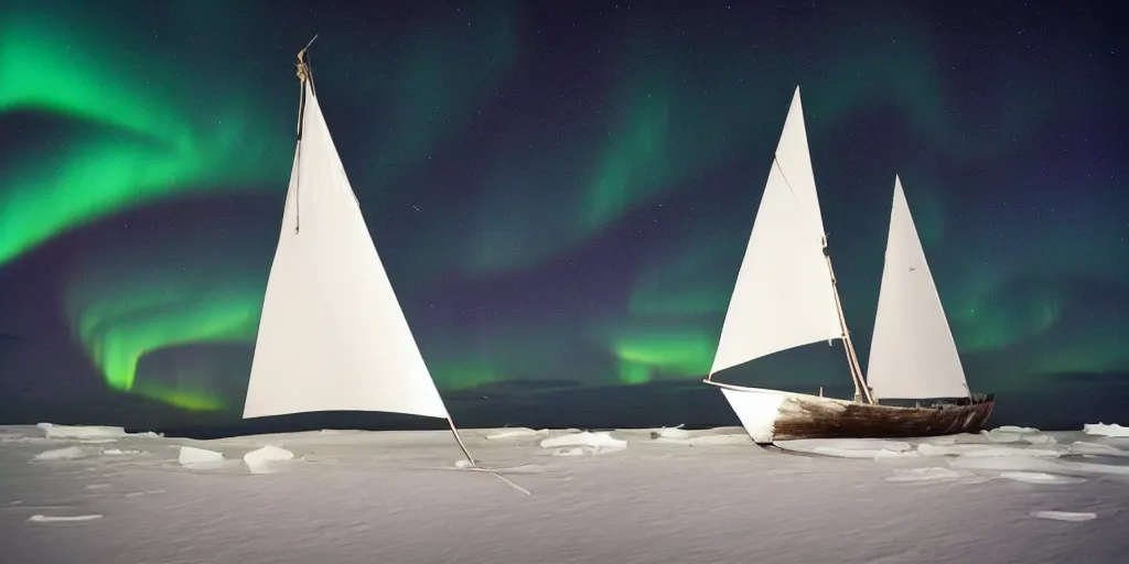 Prompt: “ a single wooden sail ship beset in solid white sea ice, nighttime, aurora borealis visible, ”