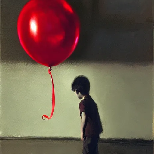 Prompt: lonely kid holding a red balloon, painting by jeremy mann