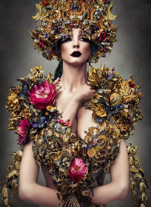 Image similar to expressive full body photo of a female model, ornate headpiece made from flowers, ornaments, glamour shot, by karol bak, by stefan gesell, photorealistic, canon r 3, fashion photography, hyper maximalist, elegant, ornate, luxury, elite, environmental portrait, symmetrical features, octane render, unreal engine, solid dark grey background, dramatic lights