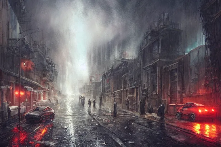 Image similar to the post-apocalyptic streets of London during a heavy thunderstorm, concept art, hyperdetailed, trending on artstation