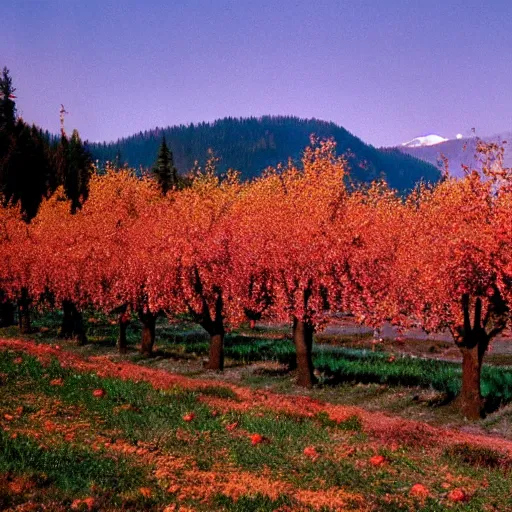 Prompt: apple orchard in oregon mountains color photo cinematic ansel adams medium format