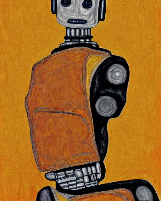 Image similar to portrait of a robot on the sofa, in the style of Egon Schiele