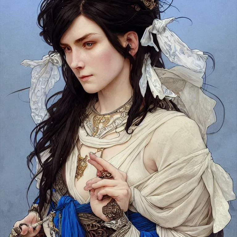 Prompt: Portrait of a Slavic female cleric with kerchief covering her ears. Blue eyes, black hair, porcelain skin, full lips, high slanted cheekbones. Fantasy art by artgerm and greg rutkowski and alphonse mucha, intricate, elegant, highly detailed, dramatic lighting, concept art, illustration, award winning on artstation, D&D, Dungeons and Dragons, Western European.