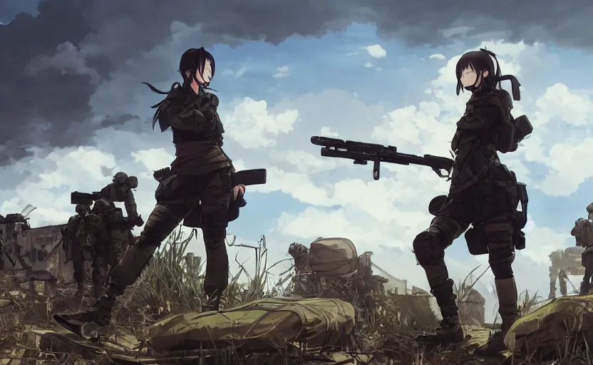 Prompt: anime style, modern warfare, panoramic view of girl under heavy fire, trench and sandbags in background, soldier clothing, hair down, symmetrical facial features, from arknights, wallpaper, trending pixiv, safebooru, volumetric modelling, think in 3 d, by alphonse mucha, greg rutkowski, sharp focus, backlit