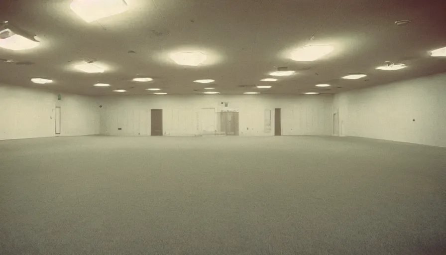 Image similar to 60s movie still of a sovietic empty ballroom, cinestill 800t 8mm eastmancolor, liminal Space style, heavy grain