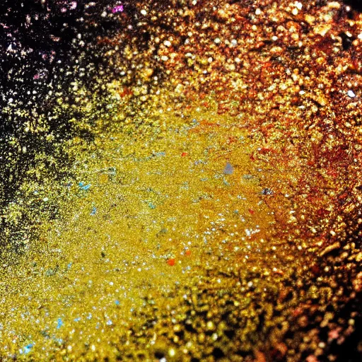 Image similar to a wet swirling mixture of gold paint and very colorful colored pigment particles glitter suspended in a turbulent liquid, captured in slow motion, crystal clear focus, macro photography lens closeup, slow-motion pour, dumpedpaint glittery, shimmering, speculars