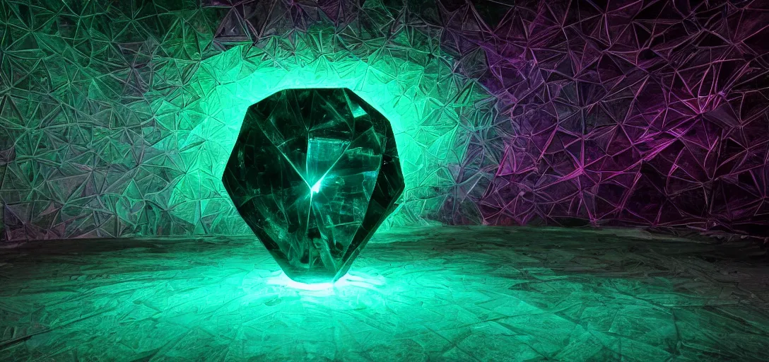 Prompt: A giant, glowing crystal sits in the center of a dark room, Strange symbols line the walls, and a soft light glows from somewhere deep within the room, highly detailed, digital photo, HDRI, by christopher bretz and kael ngu, vivid colors, high contrast, 8k resolution, intricate, photorealistic, smooth, psychedelic color scheme, concept art, award winning, behance contest winner