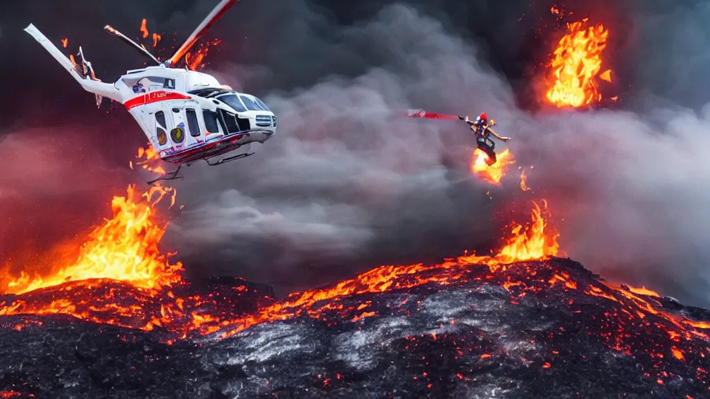 Image similar to person wearing a sponsored team jersey with logos jumping out of a helicopter with a surfboard into a volcano, action shot, dystopian, thick black smoke and fire, sharp focus