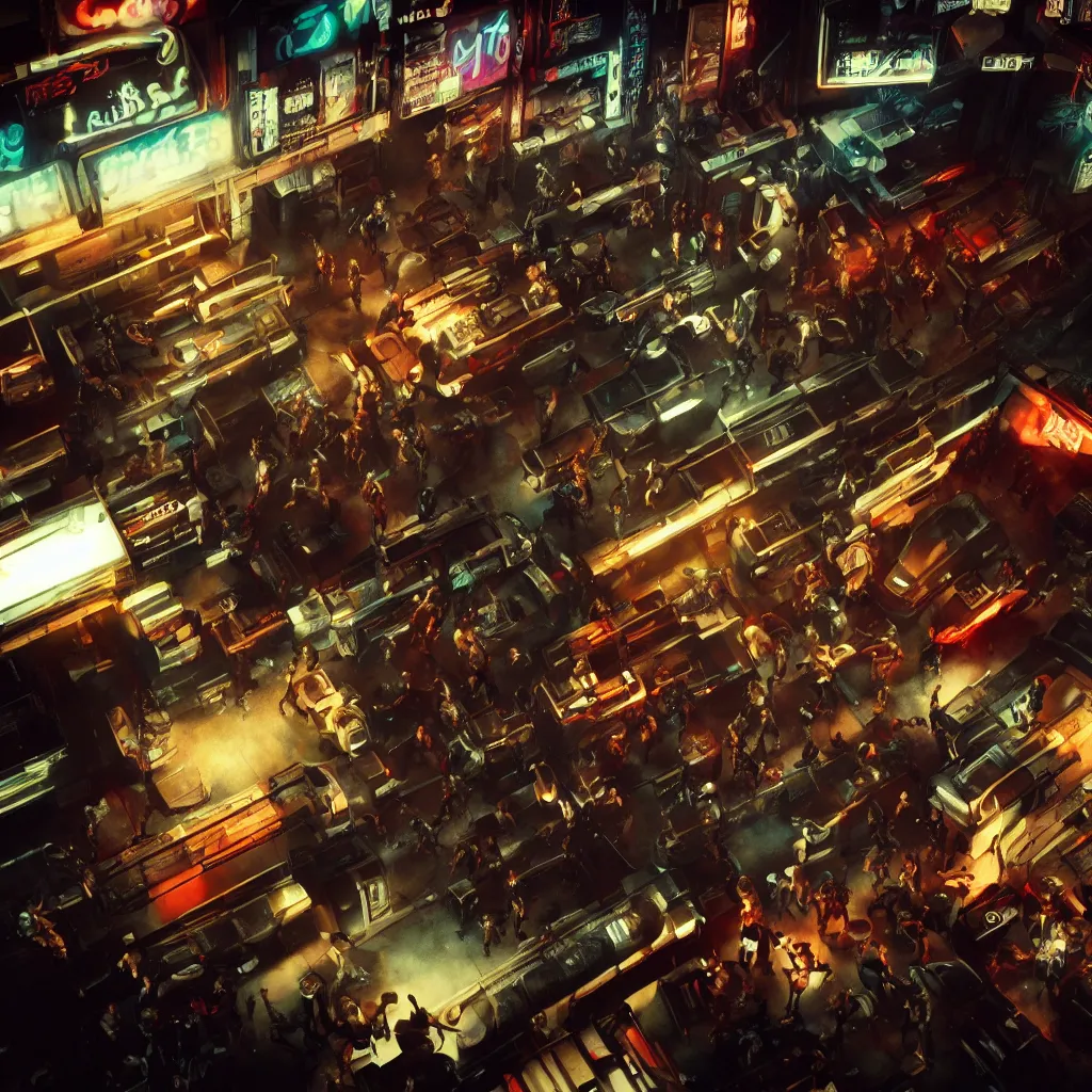 Image similar to epic highly detailed photo of gangs fight in cyberpunk night adult club, 3 5 mm, guns blasting, low angle, blade runner, akira, cinematic angle, cinematic lighting, reflections, action, battle